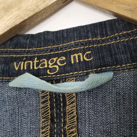 Vintage MC Dark Blue Denim Cotton Blend Jean Jacket Stretch Retro Pockets Blazer - Picture 2 of 12